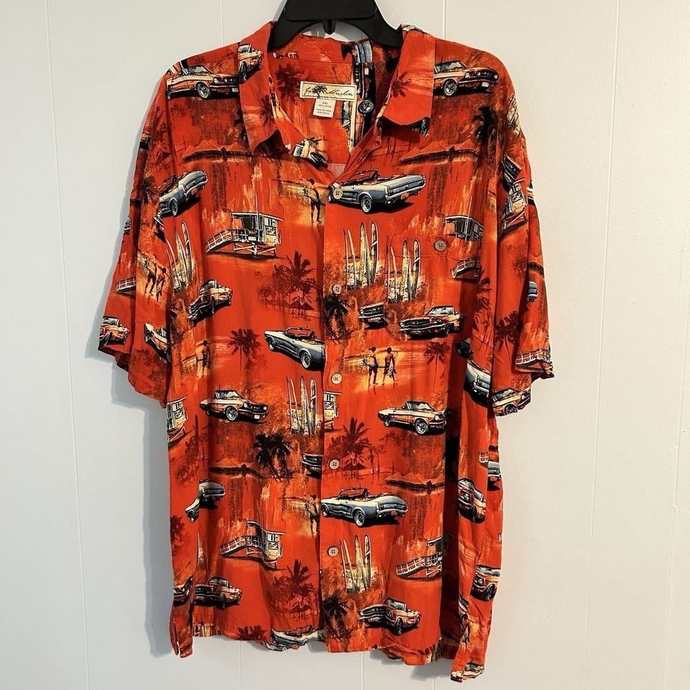 Joe Marlin Mens XXL Hawaiian Shirt Orange Classic Mustang Surfboard Beach car